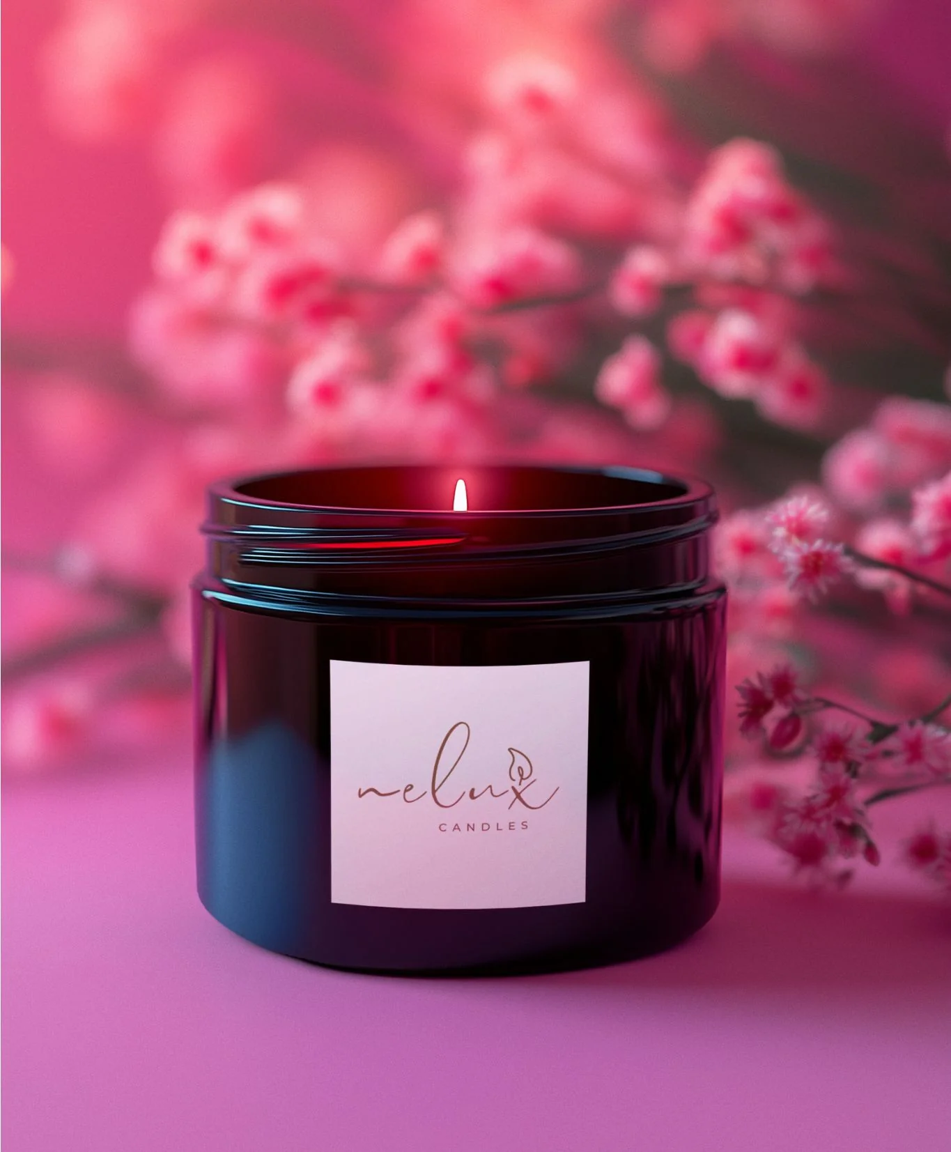 Nelux candles styled together, glowing warmly